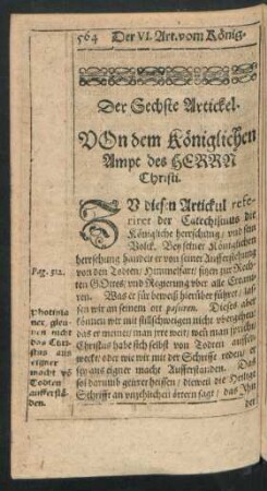 Der Sechste Artickel. Von dem königlichen Ampt des Herrn Christi.