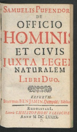 Samuelis Pufendorfii De Officio Hominis Et Civis Iuxta Legem Naturalem Libri Duo