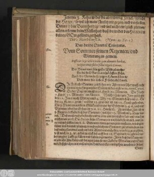 Das dritte Quartal Trinitatis. Vom Sommer/ seinen Regenten/ und Witterung in gemein.