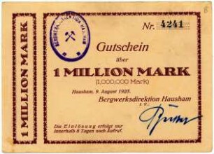 Geldschein / Notgeld, 1 Million Mark, 9.8.1923