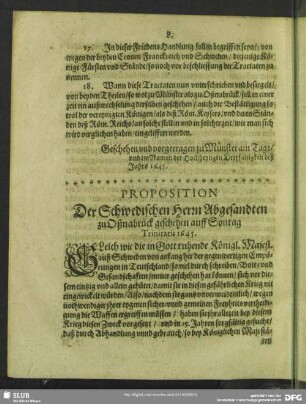 Proposition Der Schwedischen Herrn Abgesandten zu Oßnabrück geschehen auff Sontag Trinitatis 1645