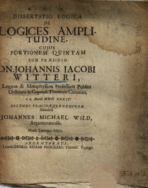 Dissertatio Logica De Logices Amplitudine. 5., Cujus Portionem Quintam
