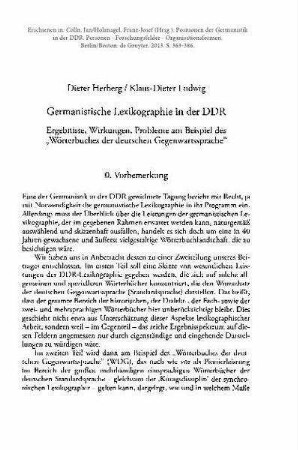 Germanistische Lexikographie in der DDR. Ergebnisse, Wirkungen, Probleme am Beispiel des "Wörterbuchs der deutschen Gegenwartssprache"