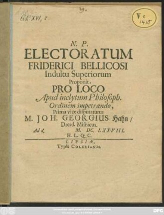 Electoratum Friderici Bellicosi Indultu Superiorum Proponit