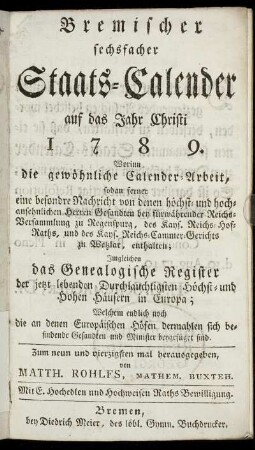 1789: Bremischer sechsfacher Staats-Calender