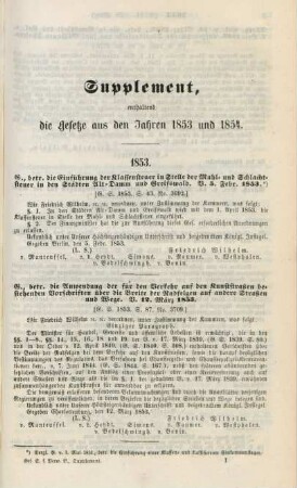 Supplement, enthaltend die Gesetze aus den Jahren 1853 und 1854