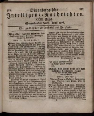XXIII. Stück.: Sonnabends: den 8. Junii 1776.
