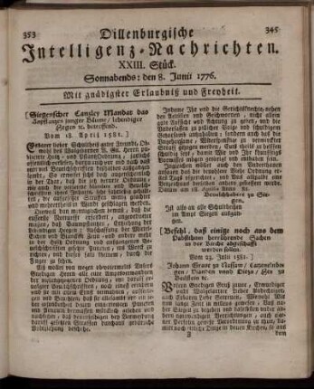 XXIII. Stück.: Sonnabends: den 8. Junii 1776.