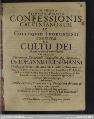 Articulum quintum Articulum quintum confessionis Calvinianorum in colloquio Thoruniensi exhibitae de cultudei