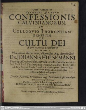 Articulum quintum Articulum quintum confessionis Calvinianorum in colloquio Thoruniensi exhibitae de cultudei