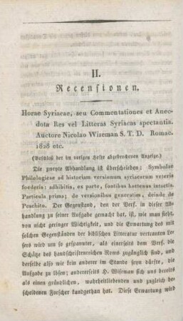270-279 [Rezension] Wiseman, Nicholas Patrick, Horae Syriacae Seu Commentationes Et Anecdota Res Vel Litteras Syriacas Spectantia, 1