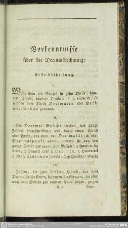 Vorkenntnisse über die Decimalrechnung