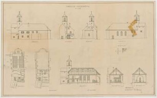 Fischer, Theodor; Neuötting; Ev. Kirche - Lageplan, Grundriss EG, Grundriss OG, Ansichten, Querschnitte, Längsschnitt