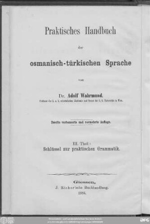 Theil 3: Schlüssel zur Praktischen Grammatik der osmanisch -türkischen Sprache