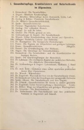 I. Gesundheitspflege, Krankheitslehre und Naturheilkunde im Allgemeinen.