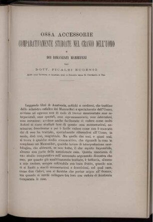 Ossa Accessori Comparativamente Studiate Nel Cranio Dell' Uomo E Dei Rimanenti Mammiferi