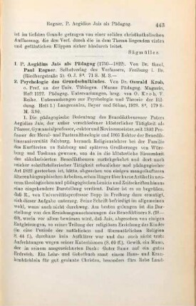 443-445 [Rezension] Regner, Paul, P. Aegidius Jais als Pädagog (1750 - 1822)