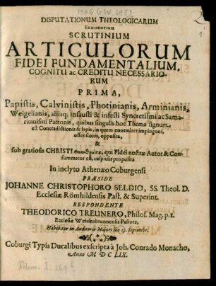 1: Disputationum Theologicarum Exhibentium Scrutinium Articulorum Fidei Fundamentalium, Cognitu ac Creditu Necessariorum ...