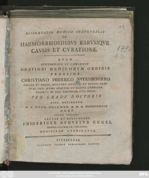 Dissertatio Medica Inavgvralis De Haemorrhoidibvs Earvmqve Cavsis Et Cvratione