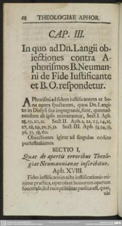 Cap. III. In quo ad Dn. Langii obiectiones contra Aphorismos B. Neumannide Fide Iustificante et B. O. respondetur