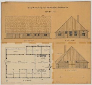 Rhedebrügge (Kreis Borken): Hof Pütter genannt Resing. Haupthaus (Grundriss, Ostansicht, Südansicht Westansicht).