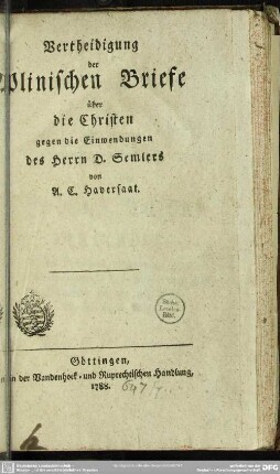 Vertheidigung der Plinischen Briefe über die Christen gegen die Einwendungen des Herrn D. Semlers