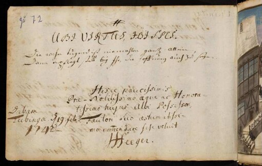 72v-73r, Heeger, J. Tübingen, 19.02.1742. Illustration (Gouache auf Pergament): Schlittenfahrt im Tübinger Schloßhof