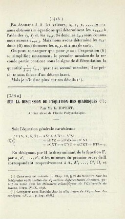 Sur la Discussion de l'Équation des Qudriques.