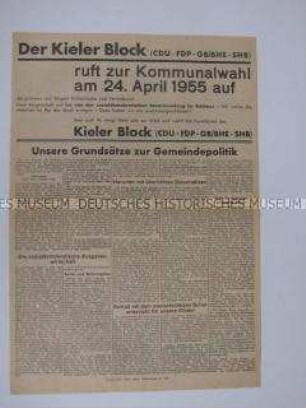 Sonderdruck des "Kieler Blocks" (CDU, FDP, GB/BHE, SHB) zu den Kommunalwahlen 1955