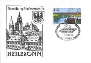 Briefumschlag mit Eindruck "Einweihung Briefzentrum 74 HEILBRONN" und Sonderstempel