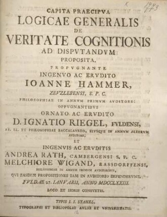 Capita praecipua logicae generalis de veritate cognitionis ad disputandum proposita