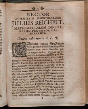 Rector Universitatis Argentoratensis Julius Reichelt, Mathematicarum Disciplinarum Professor Ordinarius, Civibus Academicis S.P.D.