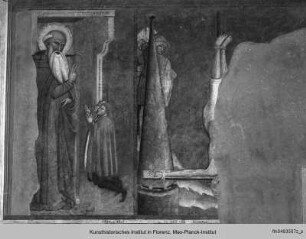 Wandbemalung mit verschiedenen christlichen Darstellungen : Heiliger Antonio Abbas mit Stifter, Martyrium des Heiligen Petrus