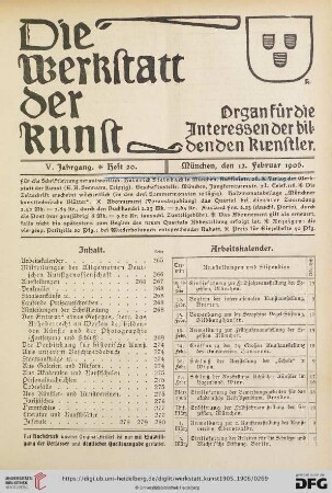 Inhalt / Arbeitskalender / Mitteilungen der Allgemeinen Deutschen Kunstgenossenschaft / Geplante Ausstellungen / Eröffnete Ausstellungen / Denkmäler / Staatsankäufe etc. / Laufende Preisausschreiben / Mitteilungen der Schriftleitung