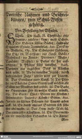Poetische Nahmen und Beschreibungen, zum Schul-Wesen gehörig