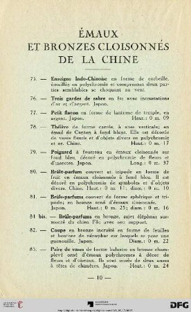 Émaux et bromzes cloisonnés de la Chine (Nr. 75-84)