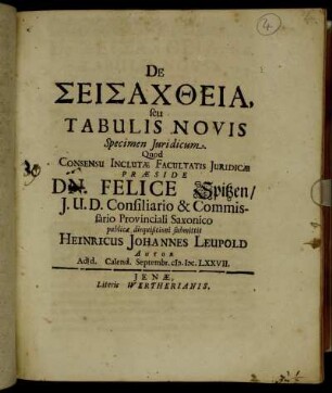 De Seisachtheia, seu Tabulis Novis Specimen Iuridicum