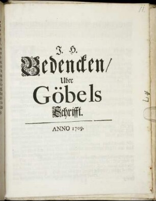 J. H. Bedencken, Uber Göbels Schrifft
