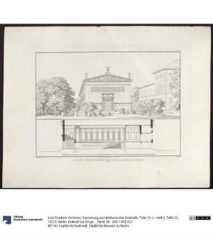 Sammlung architektonischer Entwürfe. Tafel 21 ( = Heft 3, Tafel 21, 1823): Berlin. Entwurf zur Singakademie. Perspektivische Ansicht und Längsschnitt