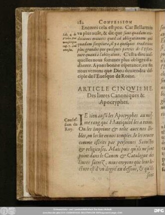 Article Cinquieme. Des livres Canoniques & Apocryphes.