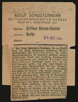 Nachruf für Toni Petersen im Berliner Börsen-Courier