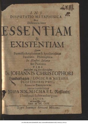 Disputatio Metaphysica De Differentia inter Essentiam & Existentiam