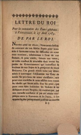 Lettre du roi pour la convocation des États-gén. à Versailles, le 27. Avril 1789, et règlement y annexé pour la Province du Hainaut