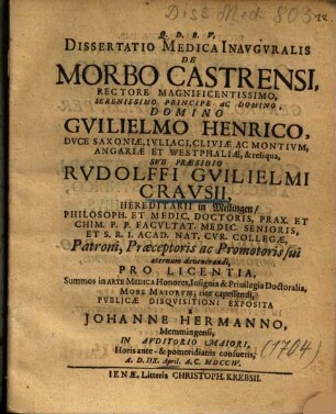 Dissertatio Medica Inavgvralis [Inauguralis] De Morbo Castrensi