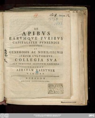 De Apibvs Earvmqve Fvribvs Capitaliter Pvniendis