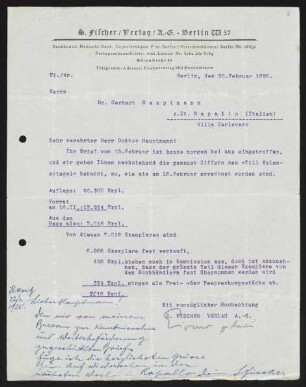 Brief von Samuel Fischer von S.-Fischer-Verlag  an Gerhart Hauptmann