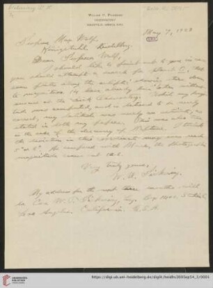 Briefe von William Henry Pickering an Max Wolf: Brief von William Henry Pickering an Max Wolf