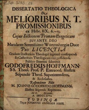 Dissertatio Theologica De Melioribus N.T. Promissionibus : ex Hebr. IIX, 6.-13.