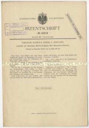 Patentschrift einer leicht zu lösenden Befestigung für Geschirrteile, Patent-Nr. 16316