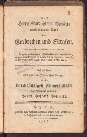 Des Herren Marquis von Beccaria unsterbliches Werk von Verbrechen und Strafen